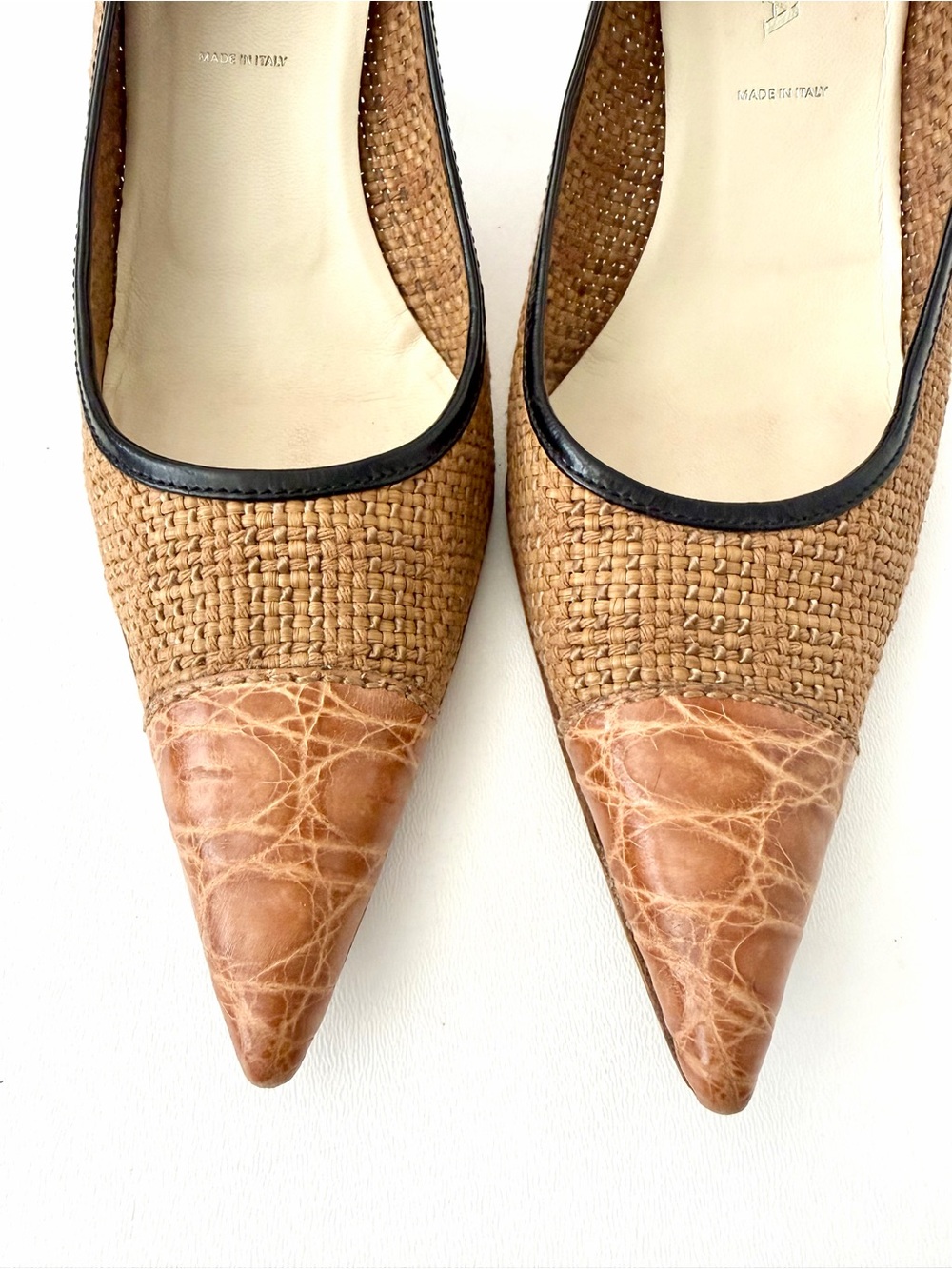 PRADA | Vintage Raffia Woven Leather Tan Pointed Toe Kitten Heel Pumps EU 37 - Picture 4 of 14